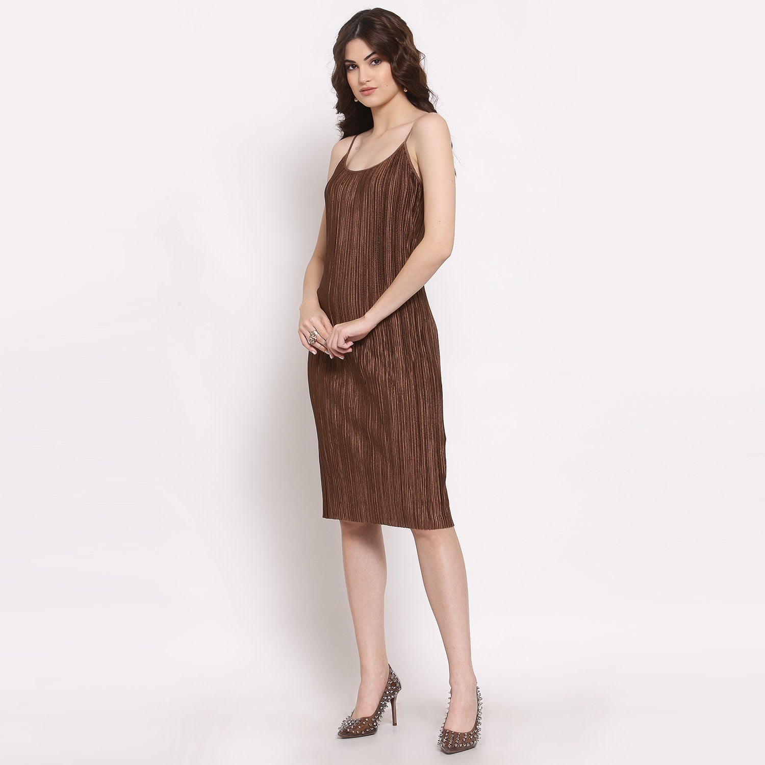 Brown Satin Plisse Fabric Spaghetti Dresses for Women-1