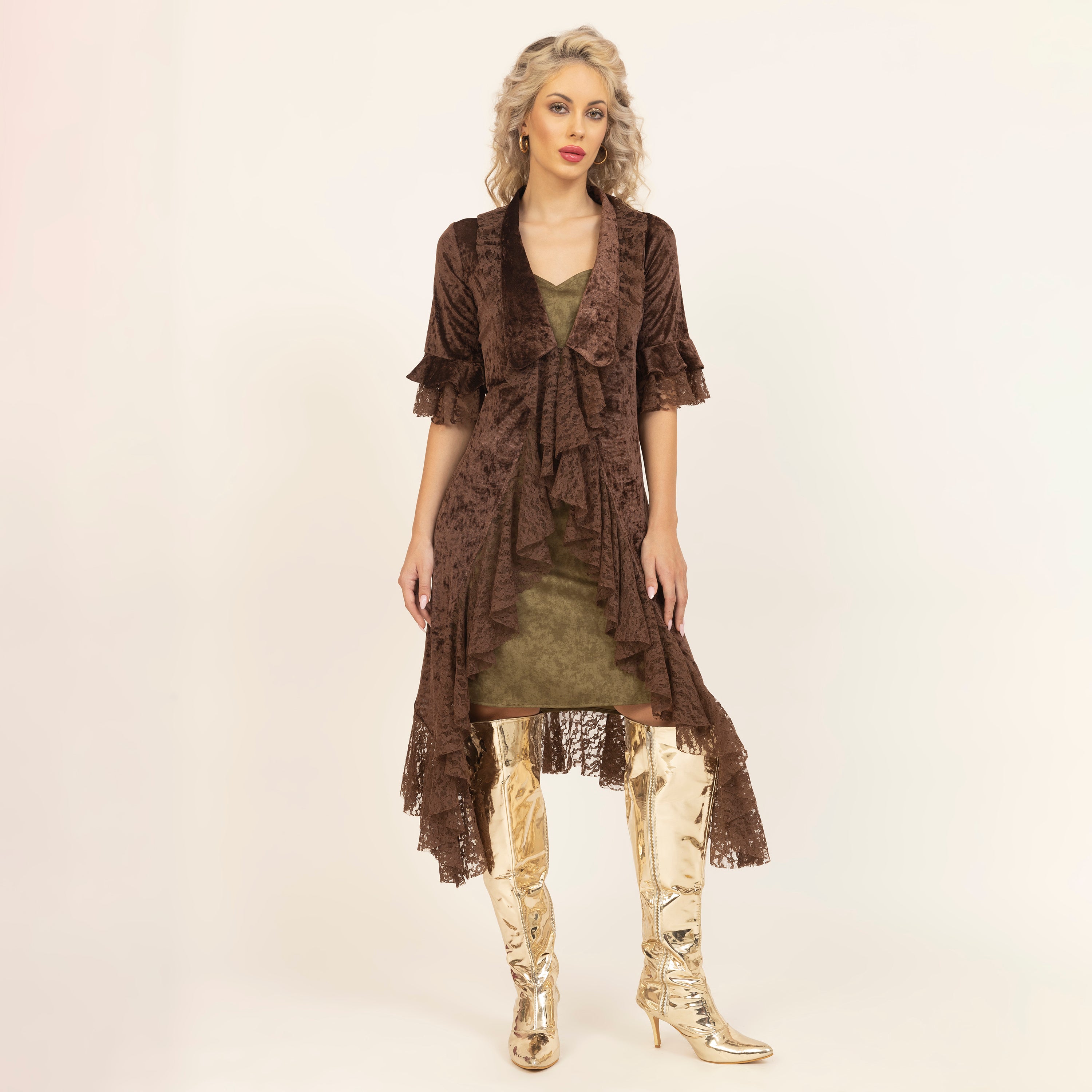 Brown Velvet Long Shrug with Lace-7
