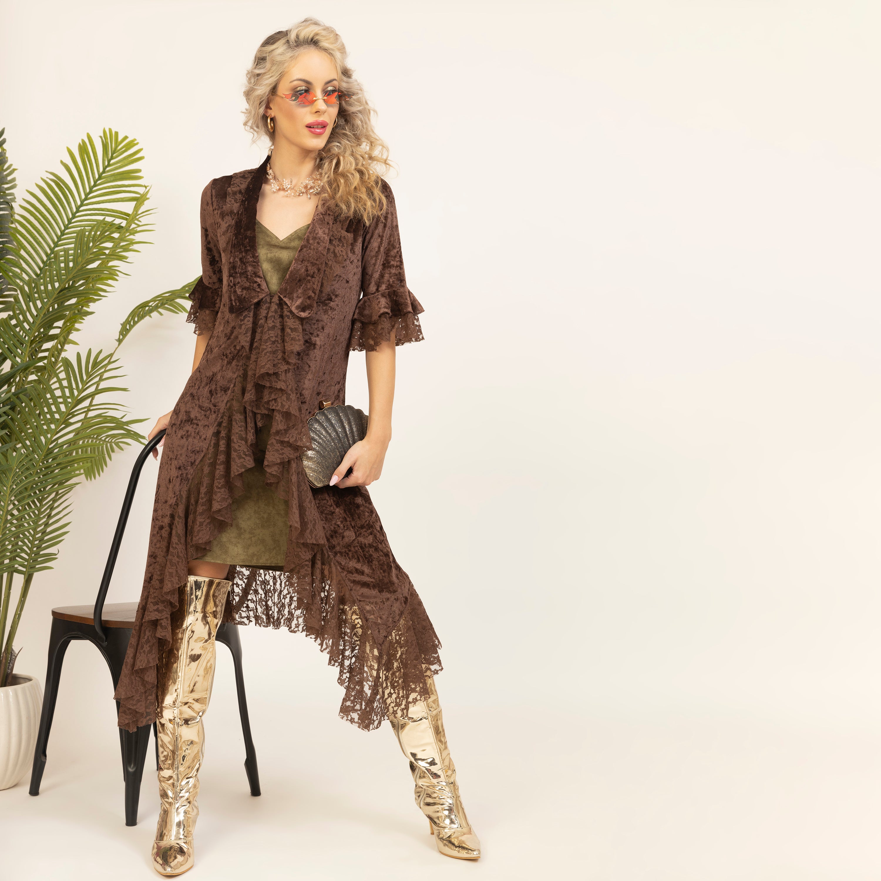 Brown Velvet Long Shrug with Lace-1