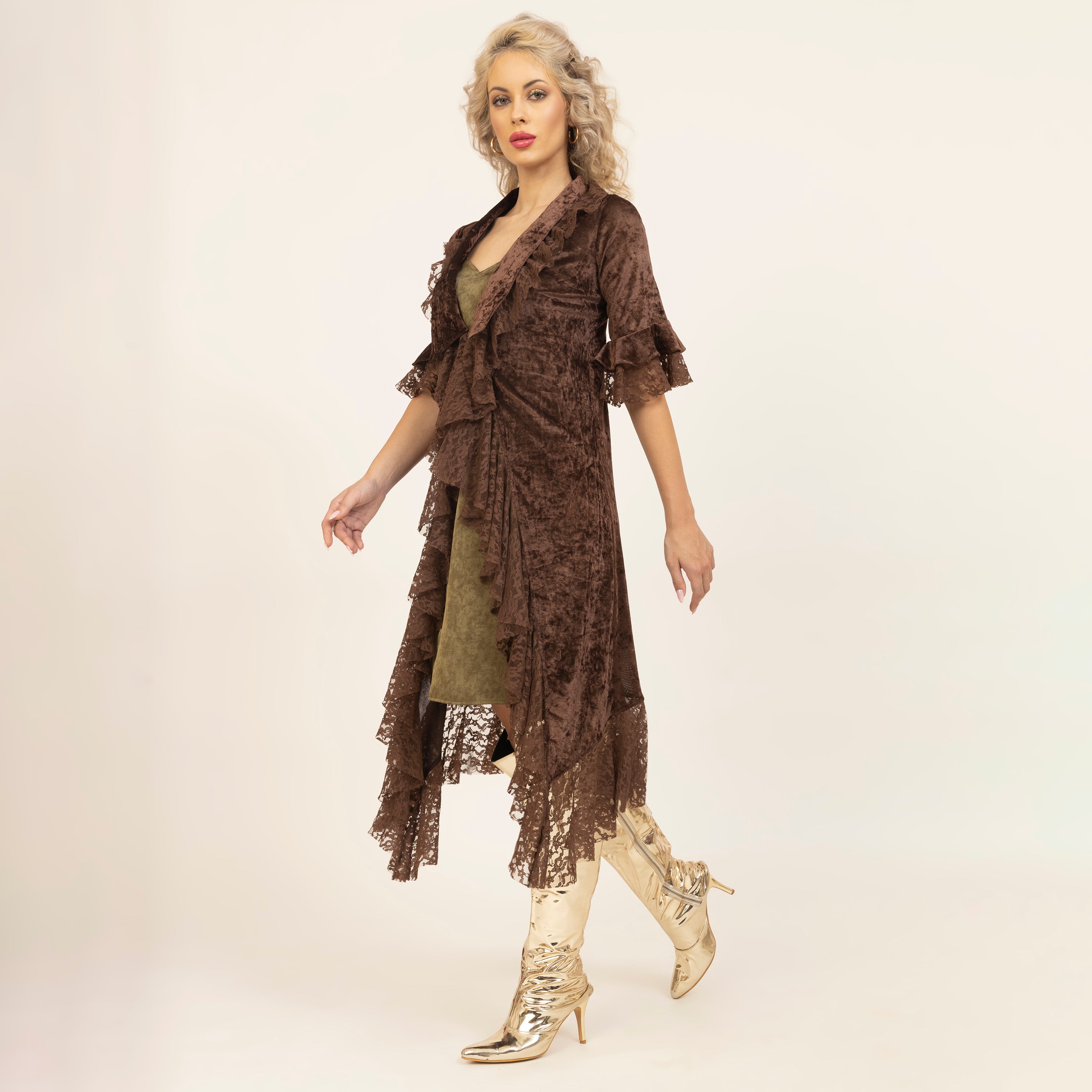 Brown Velvet Long Shrug with Lace-2
