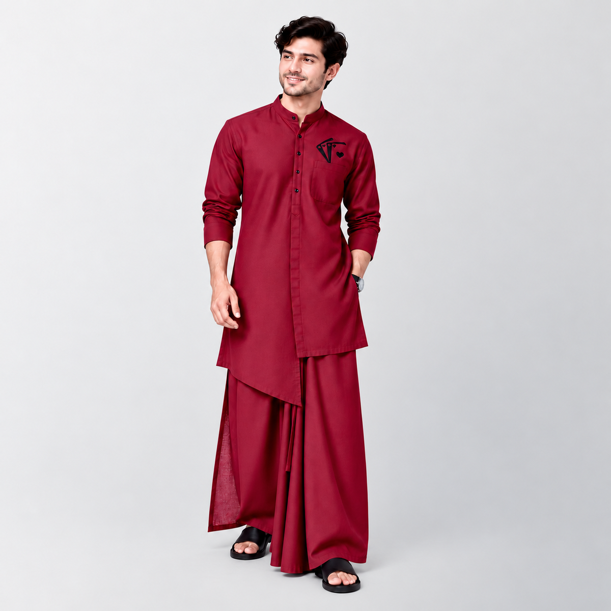 Maroon Cotton Kurta With Card Embroidery