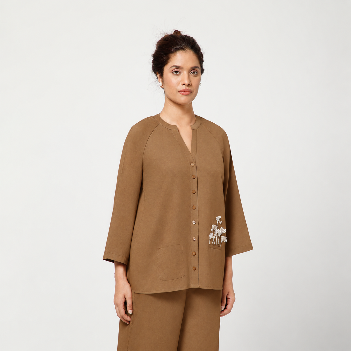 Brown Cotton Blend Top With Organza Flower Pocket Embroidery