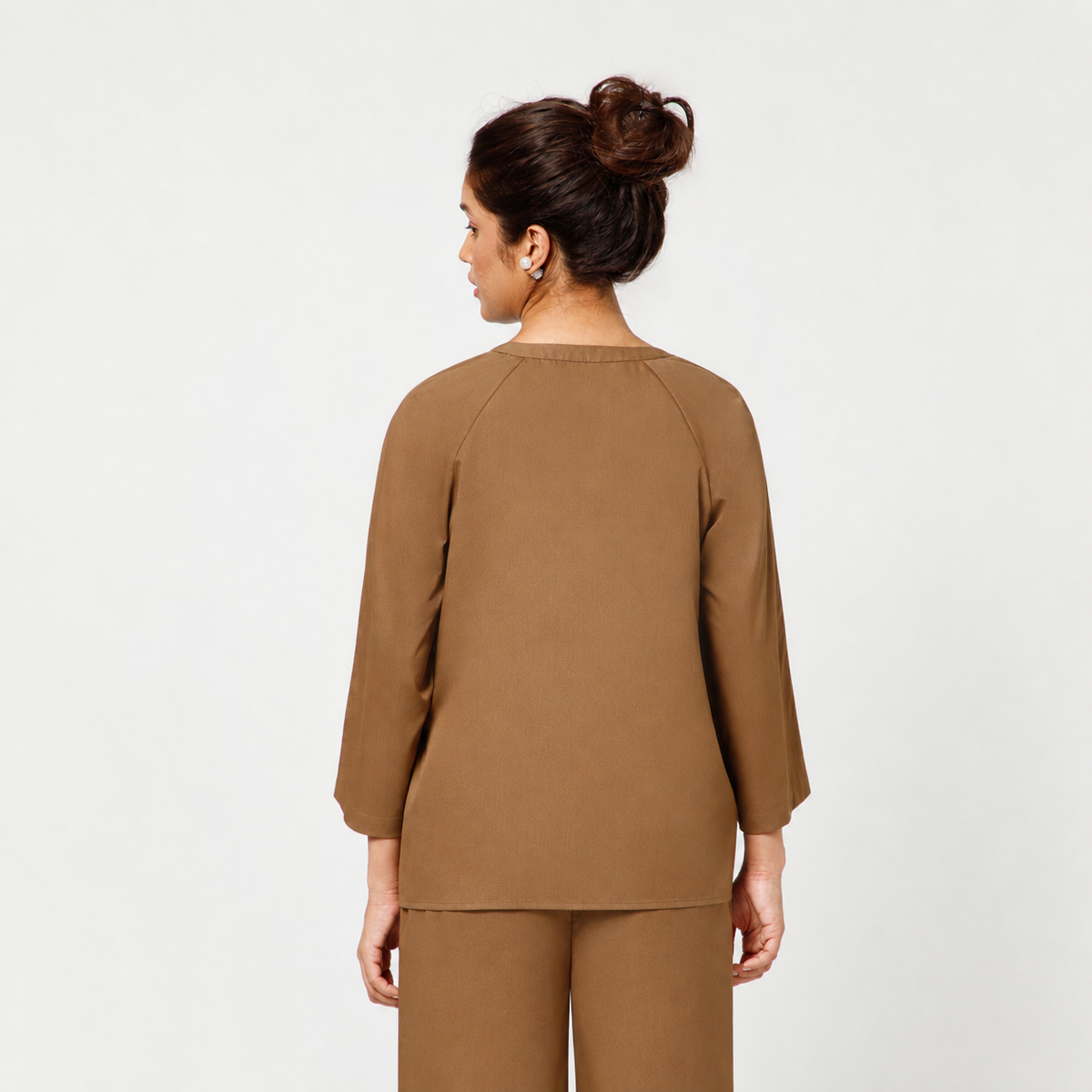 Brown Cotton Blend Top With Organza Flower Pocket Embroidery