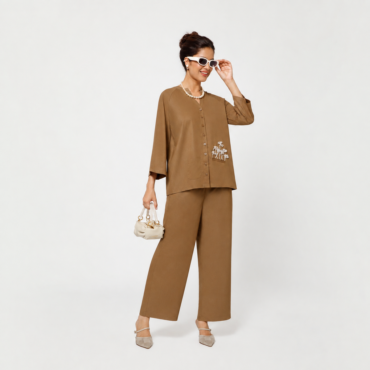 Brown Cotton Blend Top With Organza Flower Pocket Embroidery