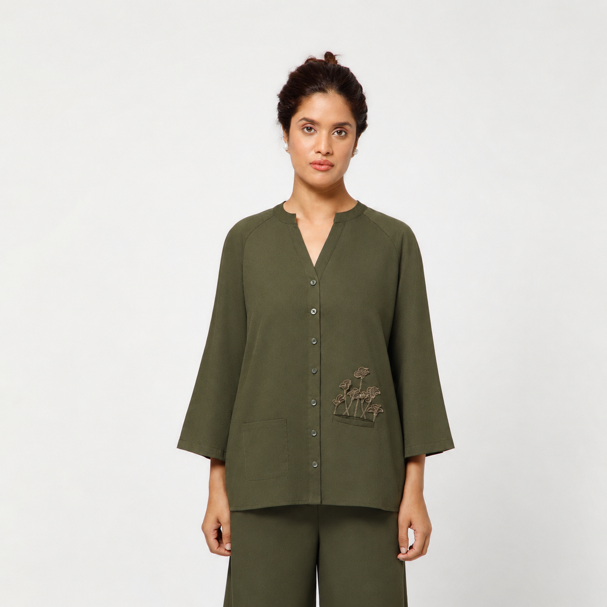 Olive Cotton Blend Top With Organza Flower Pocket Embroidery