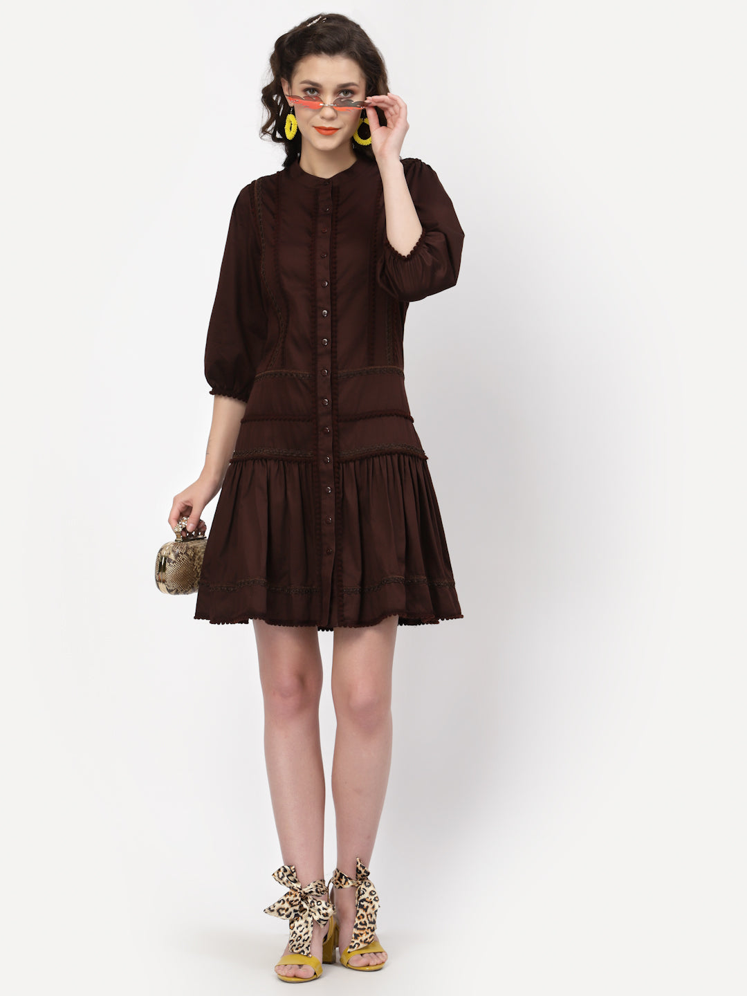 Chocolate Brown Dress With Pom Pom Lace, Mesh Dress , Party dress , Holographic print dress , sequins dress 