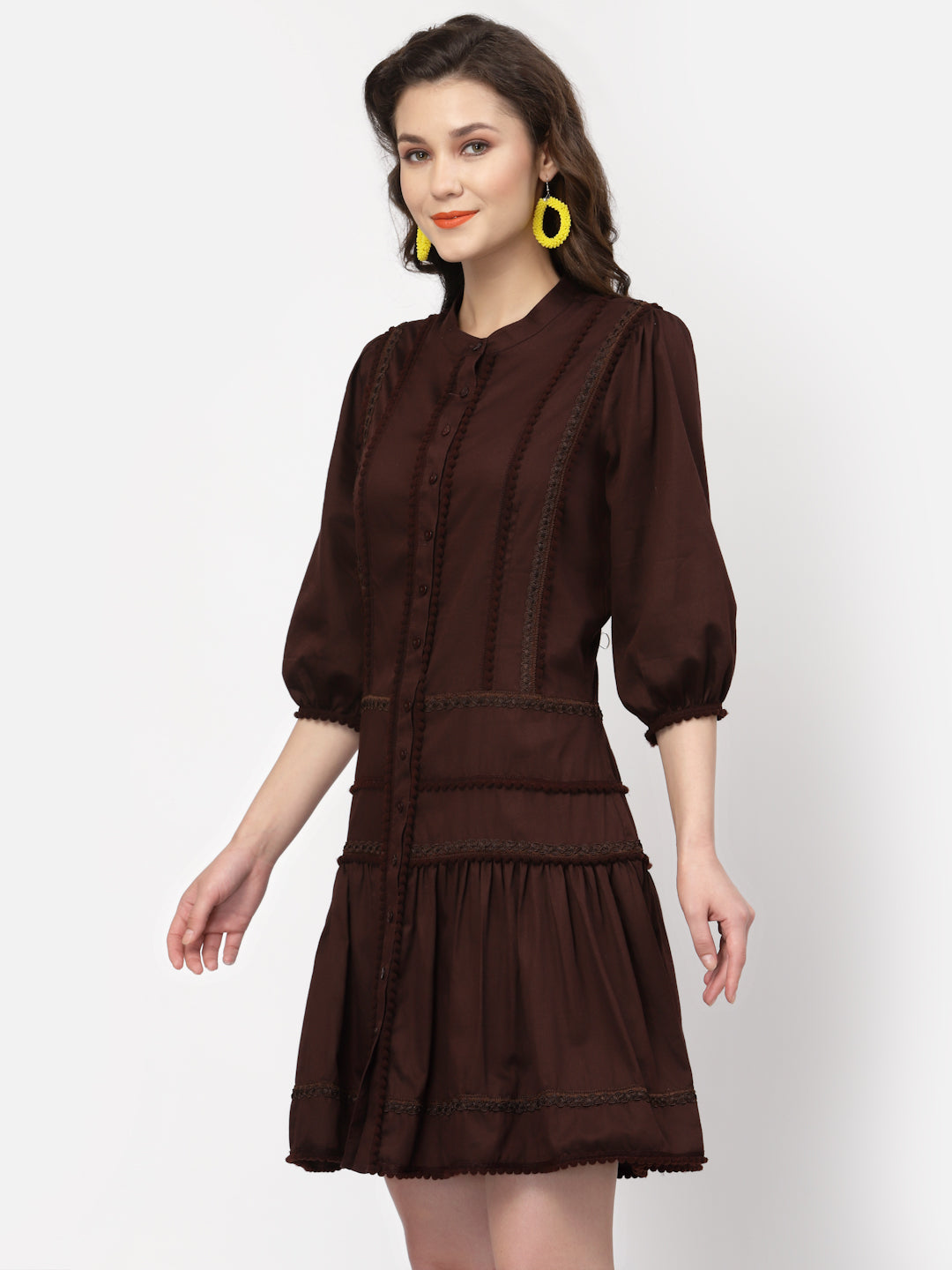 Chocolate Brown Dress With Pom Pom Lace, Mesh Dress , Party dress , Holographic print dress , sequins dress 