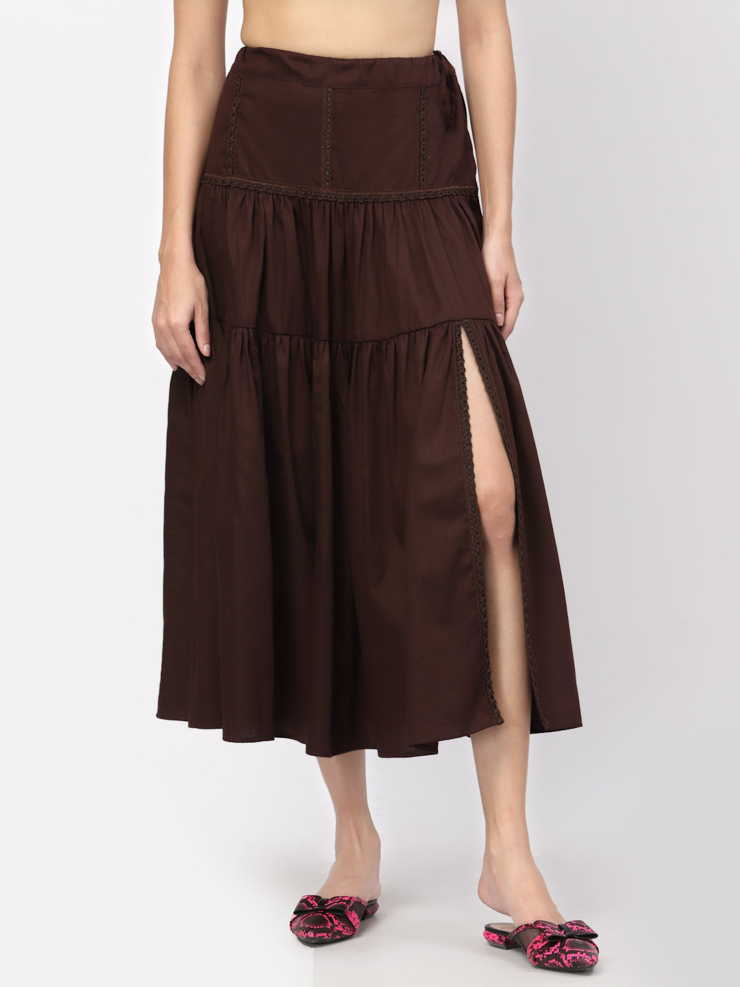 Chocolate Brown Long Skirt With Laces And Slit, skirts for women, long skirts for women, crop top and skirt, women in short skirts