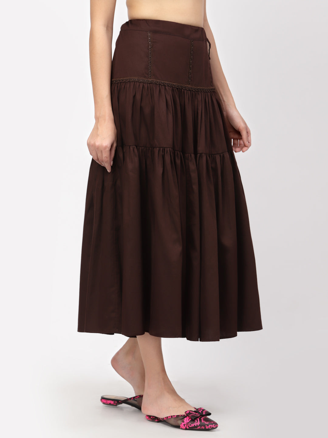 Chocolate Brown Long Skirt With Laces And Slit - Main Image