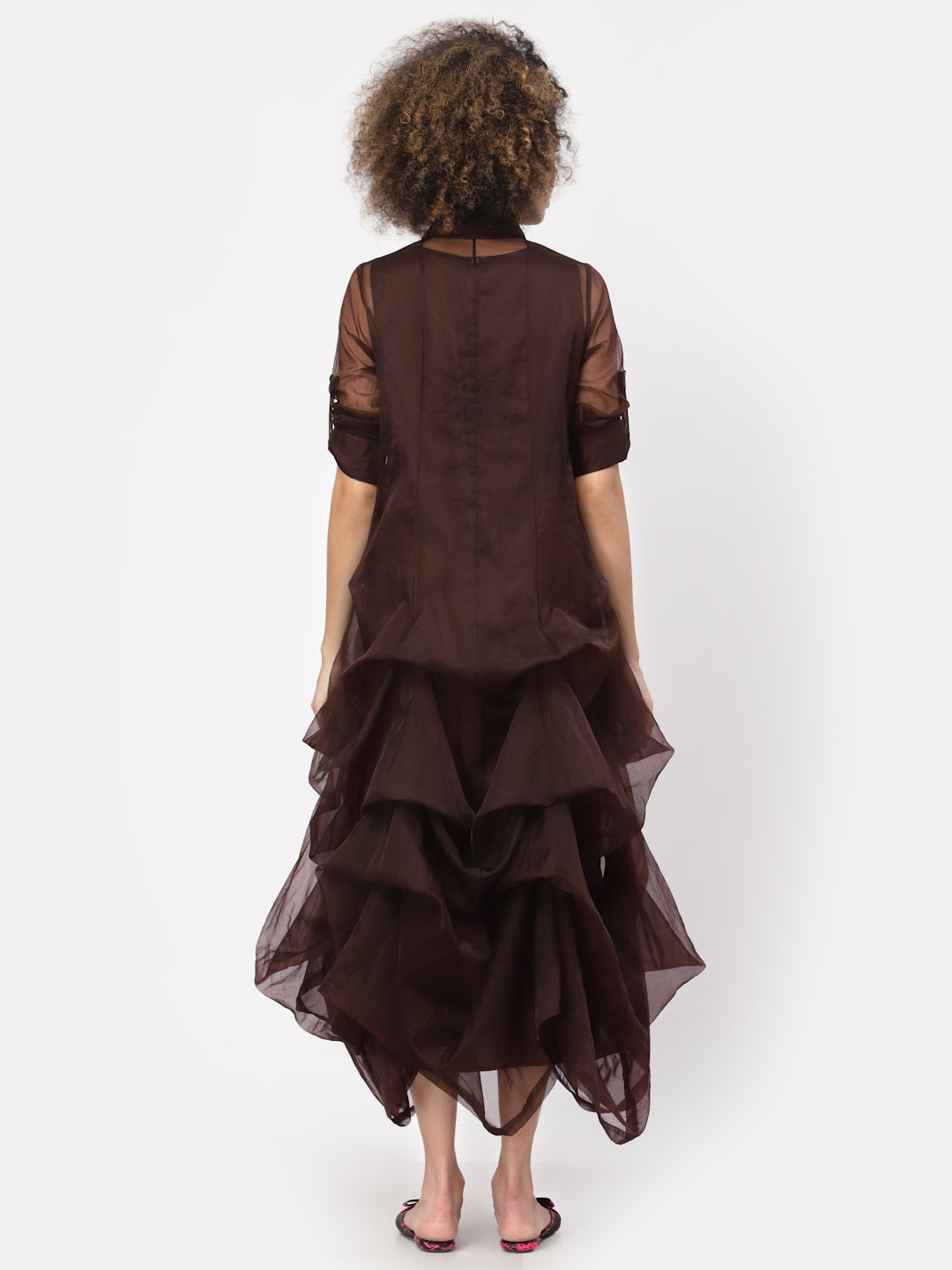Chocolate Brown Organza Drape Dress With Cotton Inner, Mesh Dress , Party dress , Holographic print dress , sequins dress 