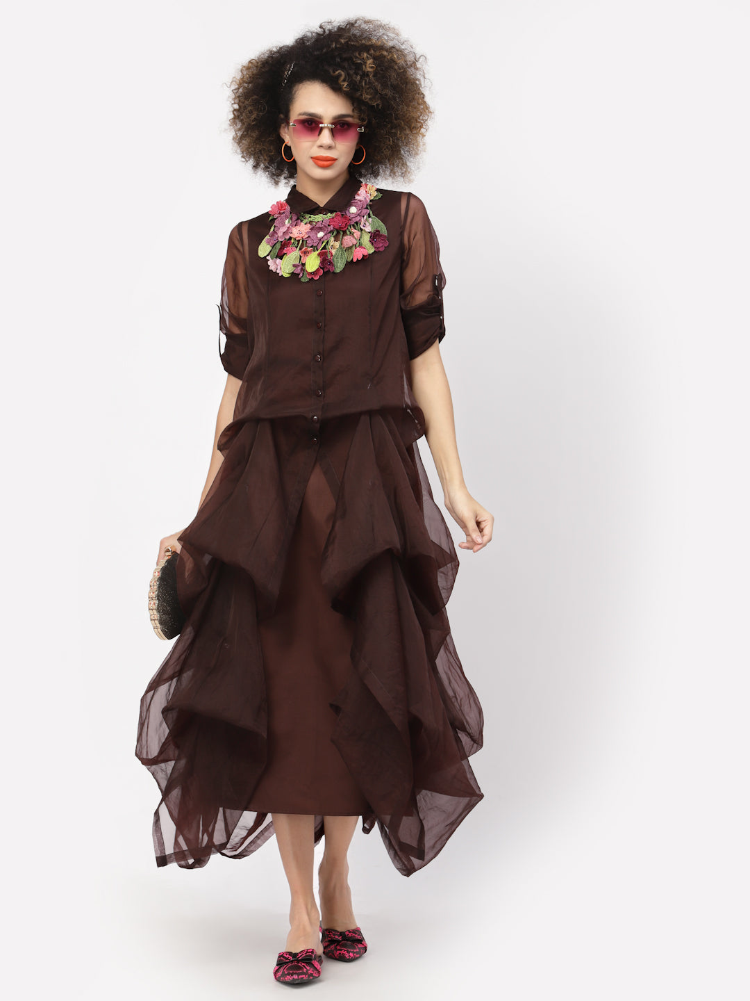 Chocolate Brown Organza Drape Dress With Cotton Inner, Mesh Dress , Party dress , Holographic print dress , sequins dress 
