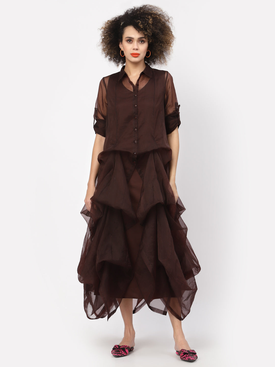 Chocolate Brown Organza Drape Dress With Cotton Inner, Mesh Dress , Party dress , Holographic print dress , sequins dress 