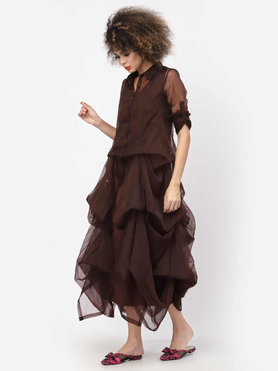 Chocolate Brown Organza Drape Dress With Cotton Inner, Mesh Dress , Party dress , Holographic print dress , sequins dress 