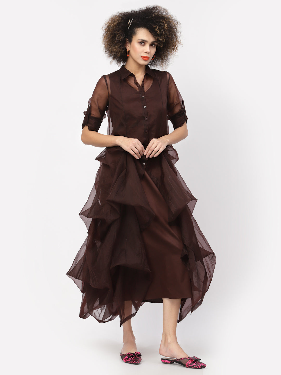 Chocolate Brown Organza Drape Dress With Cotton Inner, Mesh Dress , Party dress , Holographic print dress , sequins dress 