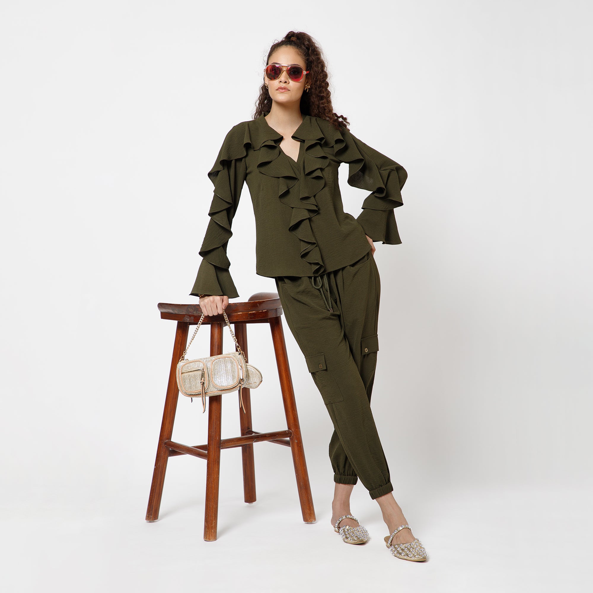 Green Crepe Frill Top