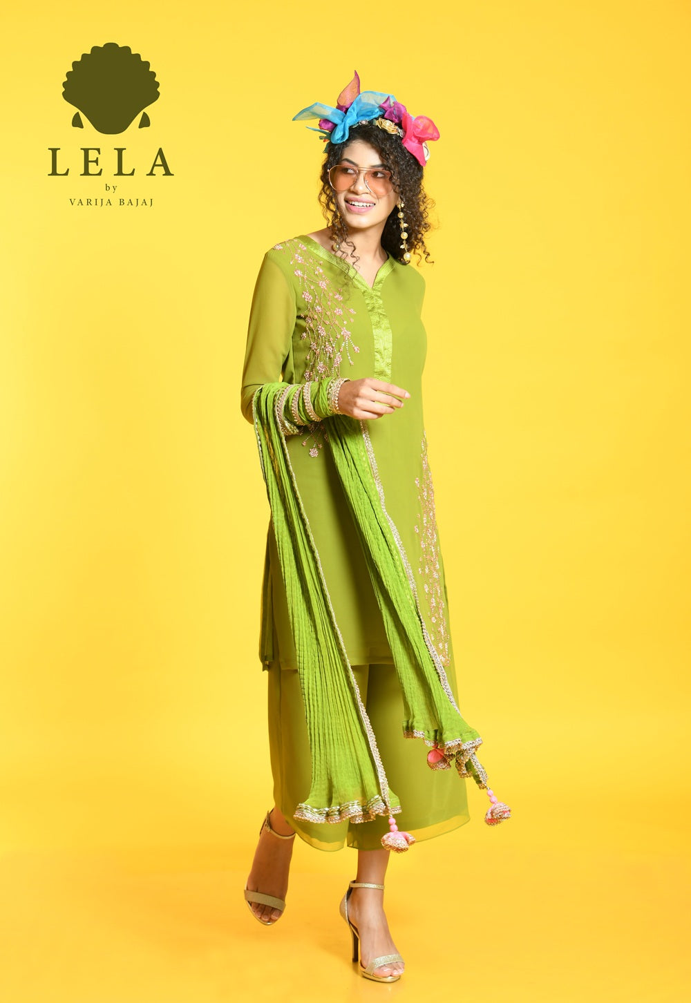 Olive Georgette Kurti With Pearl Hand Embroidery