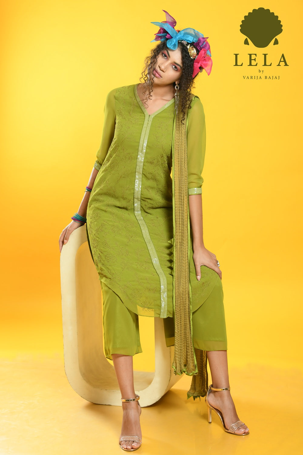Olive Georgette Kurti With Flower Embroidery