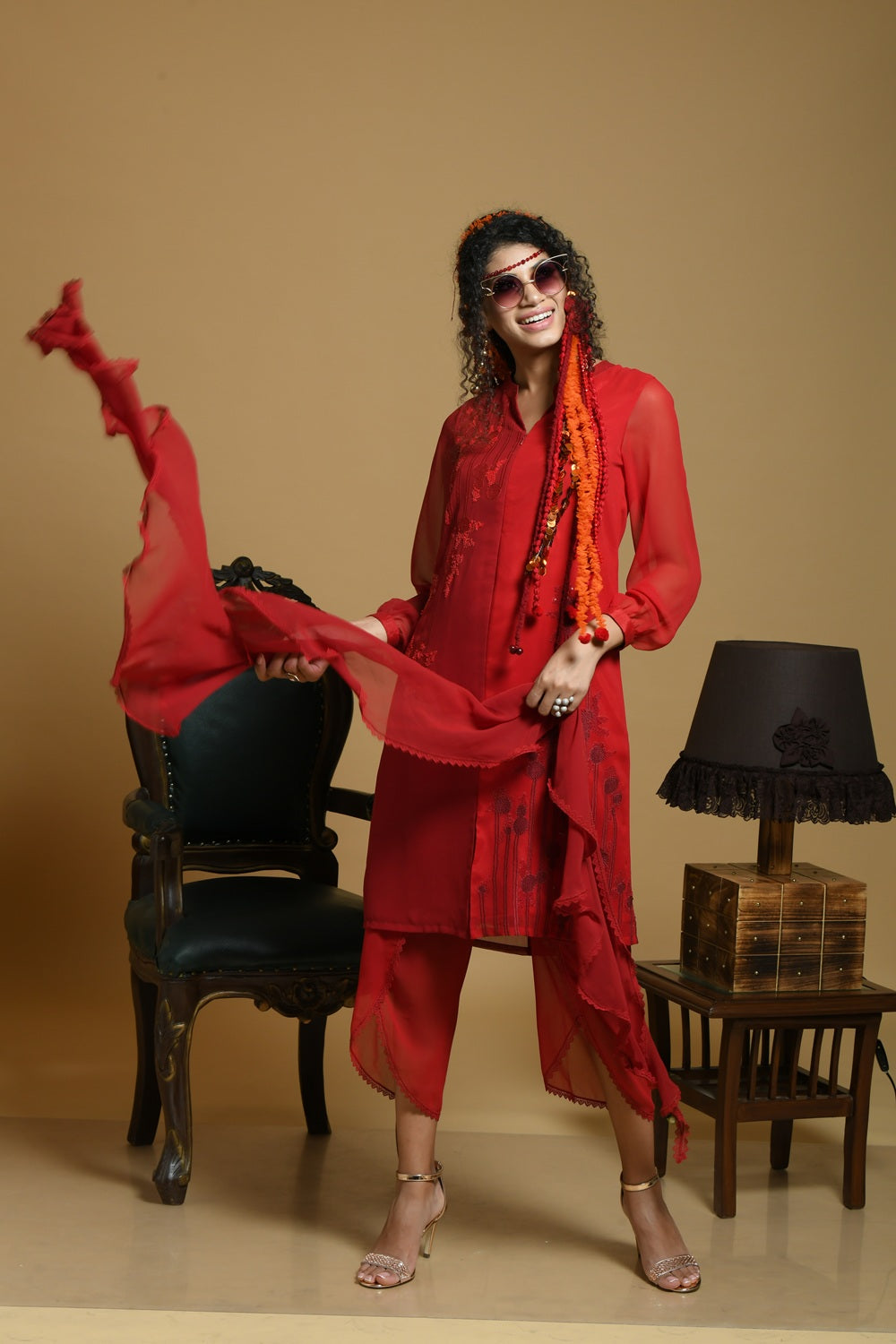 Red Maroon Georgette Kurti With Embroidery