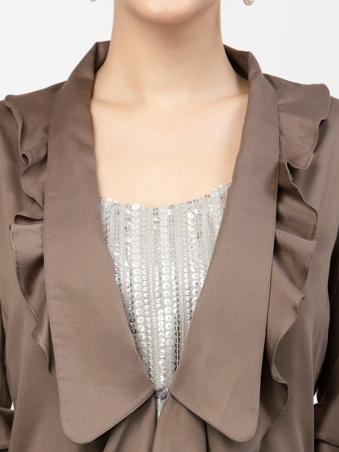 Dark Beige Asymmetrical Frill Jacket, Organza jackets, Stylish Jackets, Summer Women’s Jackets, Long Women Jackets , Short jackets for women
