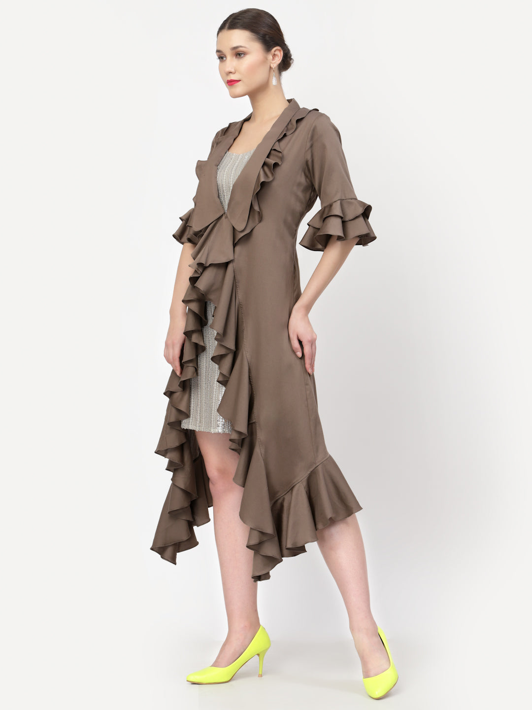 Dark Beige Asymmetrical Frill Jacket, Organza jackets, Stylish Jackets, Summer Women’s Jackets, Long Women Jackets , Short jackets for women
