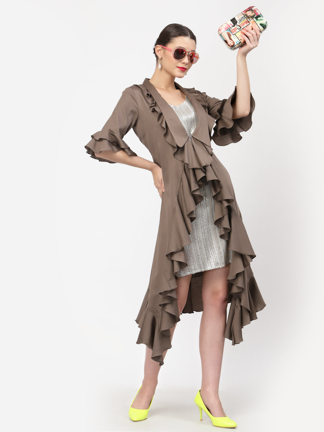 Dark Beige Asymmetrical Frill Jacket, Organza jackets, Stylish Jackets, Summer Women’s Jackets, Long Women Jackets , Short jackets for women