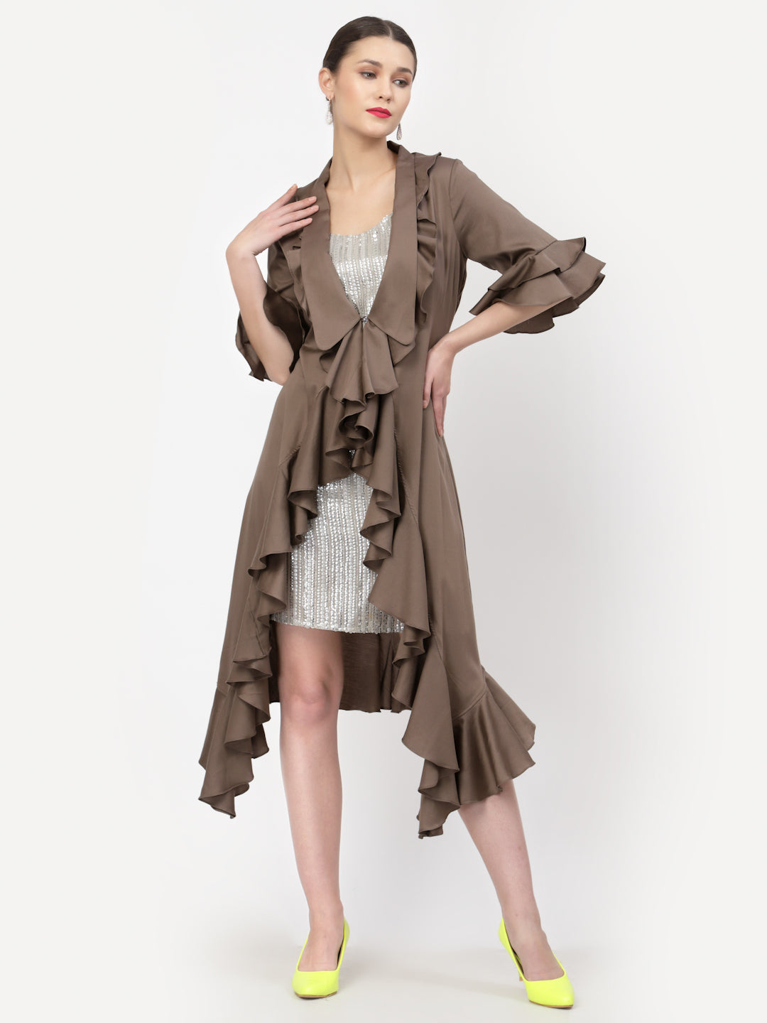 Dark Beige Asymmetrical Frill Jacket, Organza jackets, Stylish Jackets, Summer Women’s Jackets, Long Women Jackets , Short jackets for women