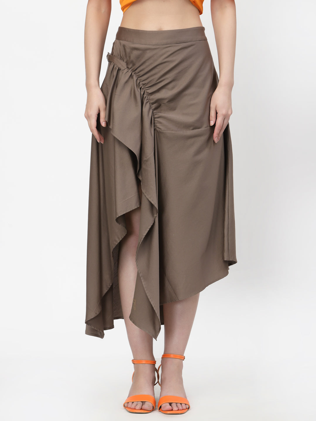 Dark Beige Asymmetrical Skirt With Buckles, skirts for women, long skirts for women, crop top and skirt, women in short skirts