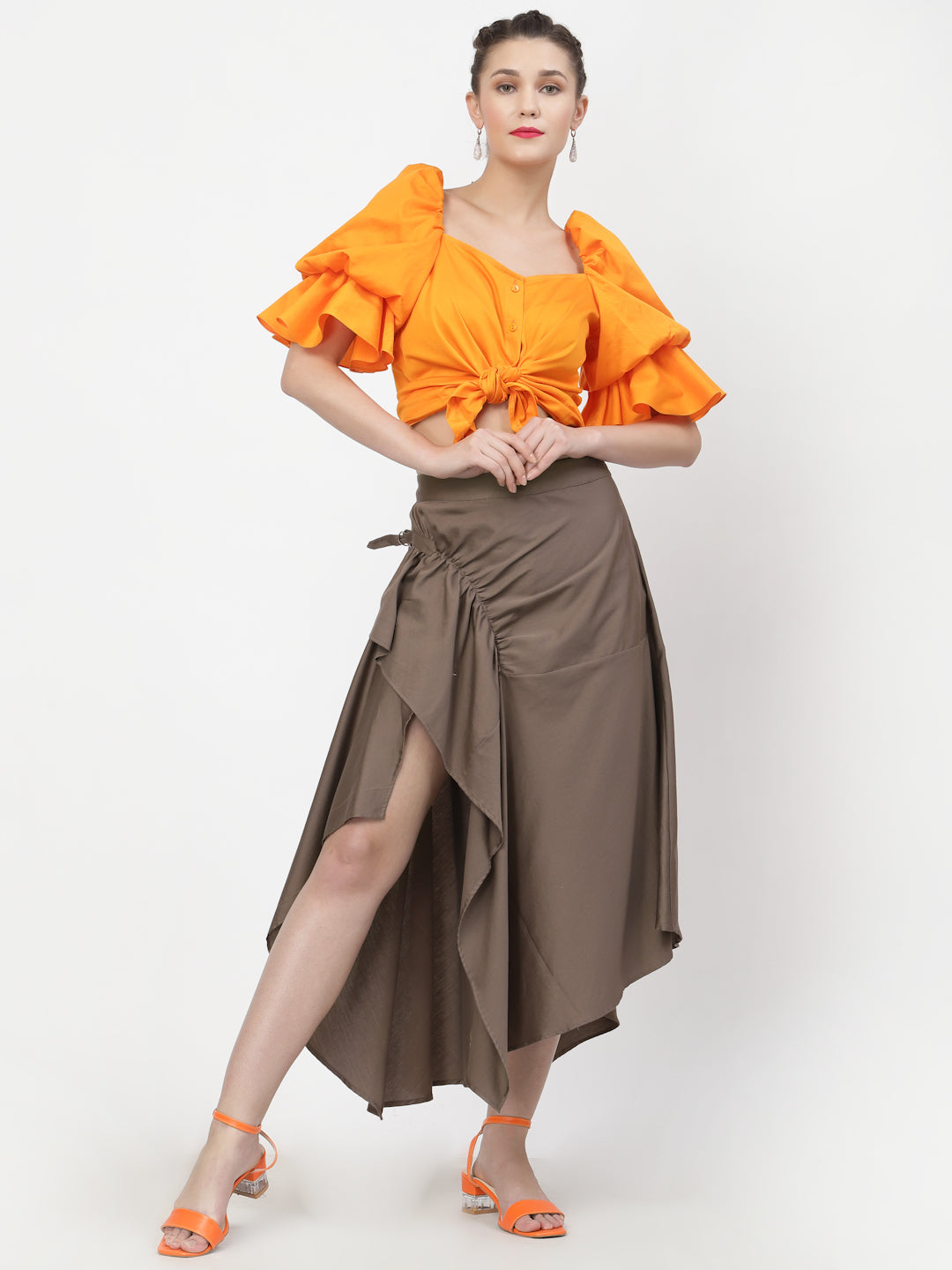 Dark Beige Asymmetrical Skirt for Women-5