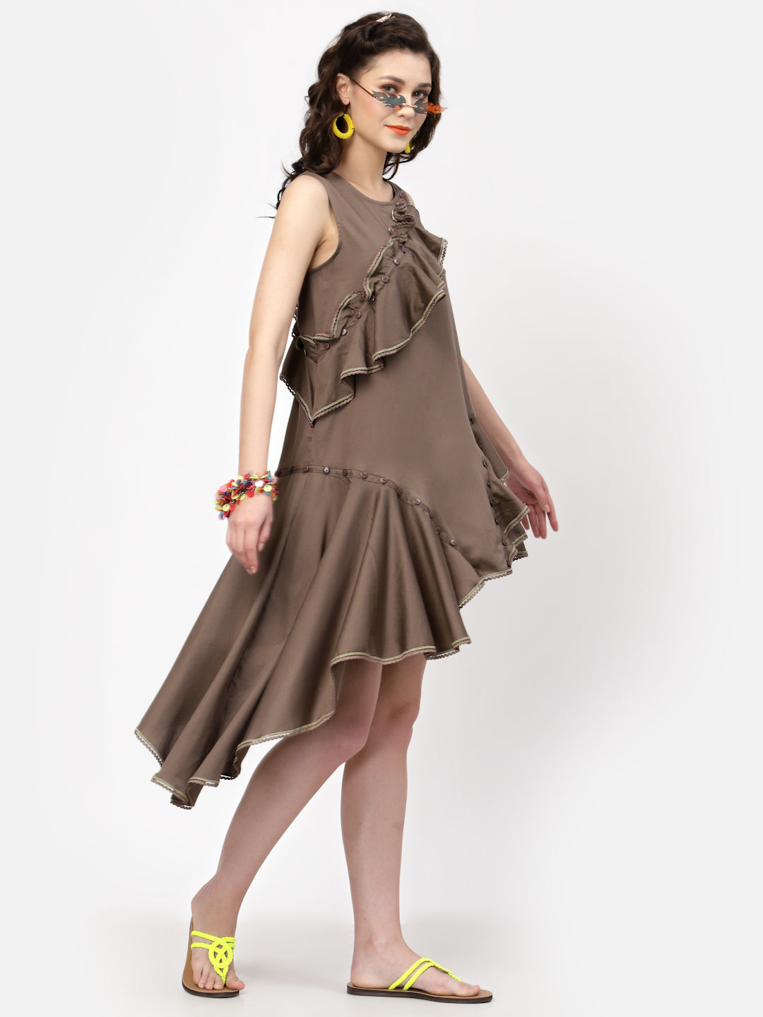 Dark Beige Cotton Ruffle Asymmetrical Dress, Mesh Dress , Party dress , Holographic print dress , sequins dress 