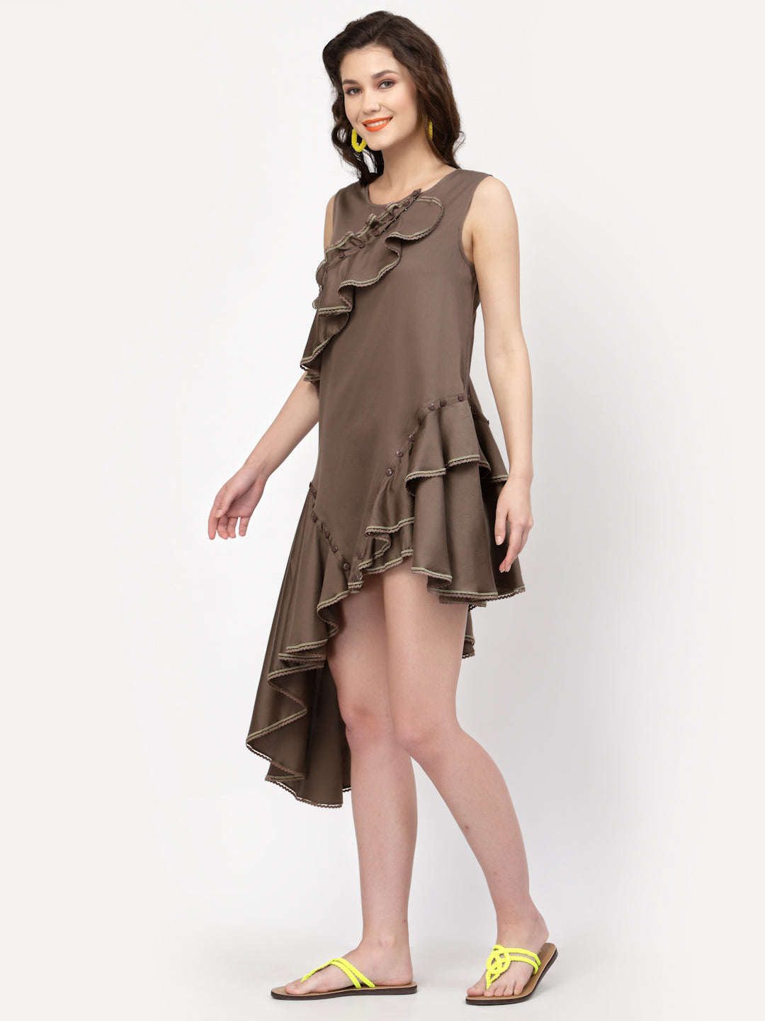 Dark Beige Cotton Ruffle Asymmetrical Dresses for Women-1