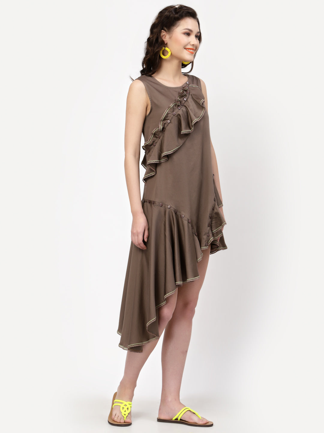 Dark Beige Cotton Ruffle Asymmetrical Dresses for Women-2