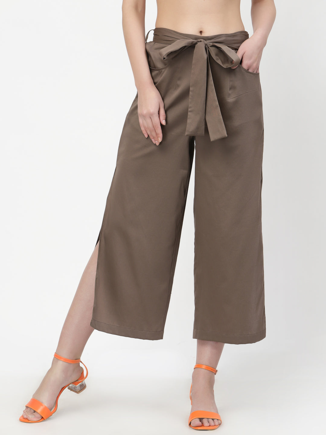 Dark Beige Plazzo With Open Slit, Velvet Bell Bottom Pants , Stylish Women pants , Floral print palazzos