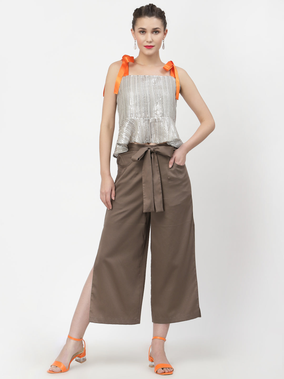 Dark Beige Plazzo With Open Slit, Velvet Bell Bottom Pants , Stylish Women pants , Floral print palazzos