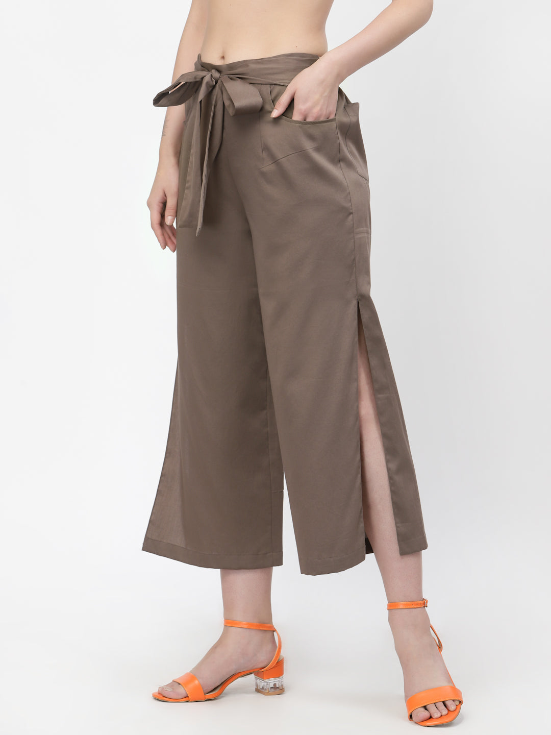 Dark Beige Plazzo With Open Slit, Velvet Bell Bottom Pants , Stylish Women pants , Floral print palazzos