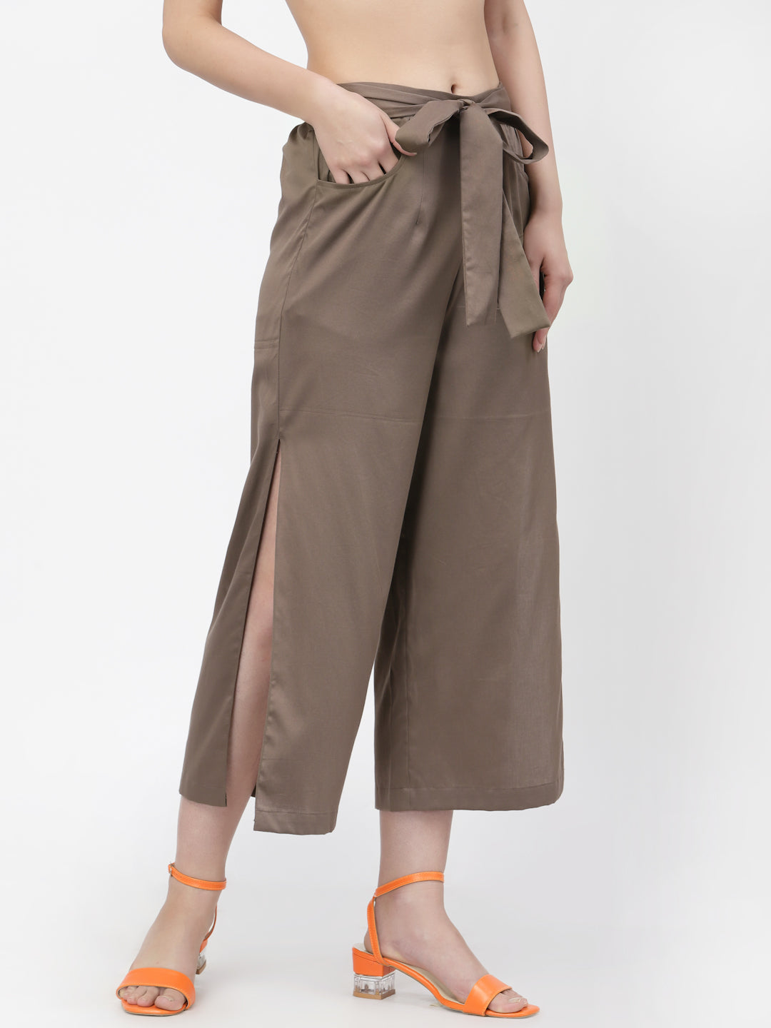 Dark Beige Plazzo With Open Slit, Velvet Bell Bottom Pants , Stylish Women pants , Floral print palazzos