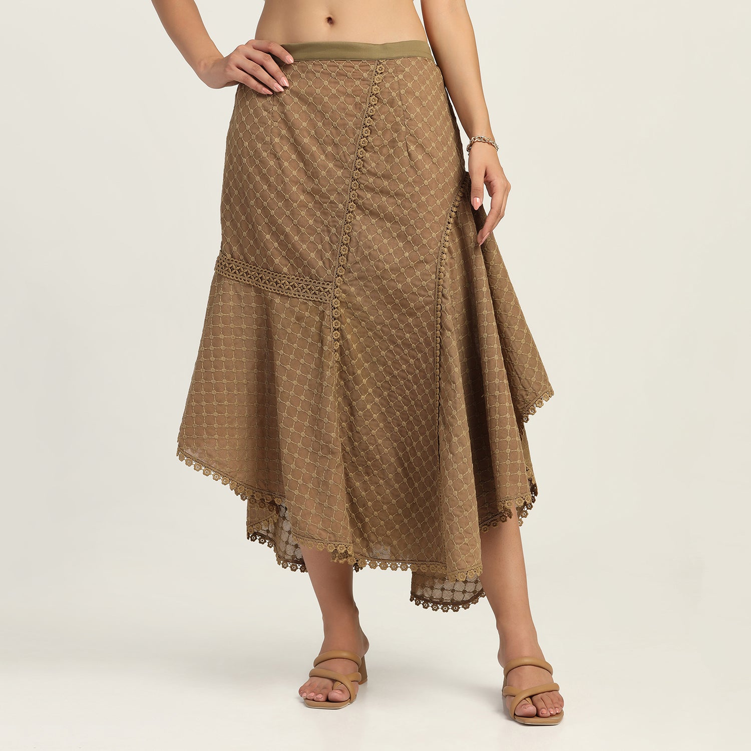 Dark Green Schiffli Asymmetrical Lace Skirt for Women