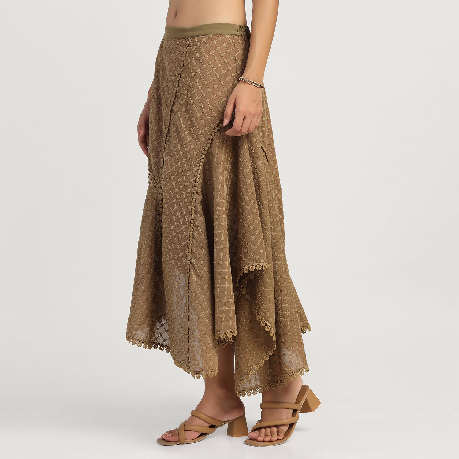 Dark Green Schiffli Asymmetrical Lace Skirt for Women-1
