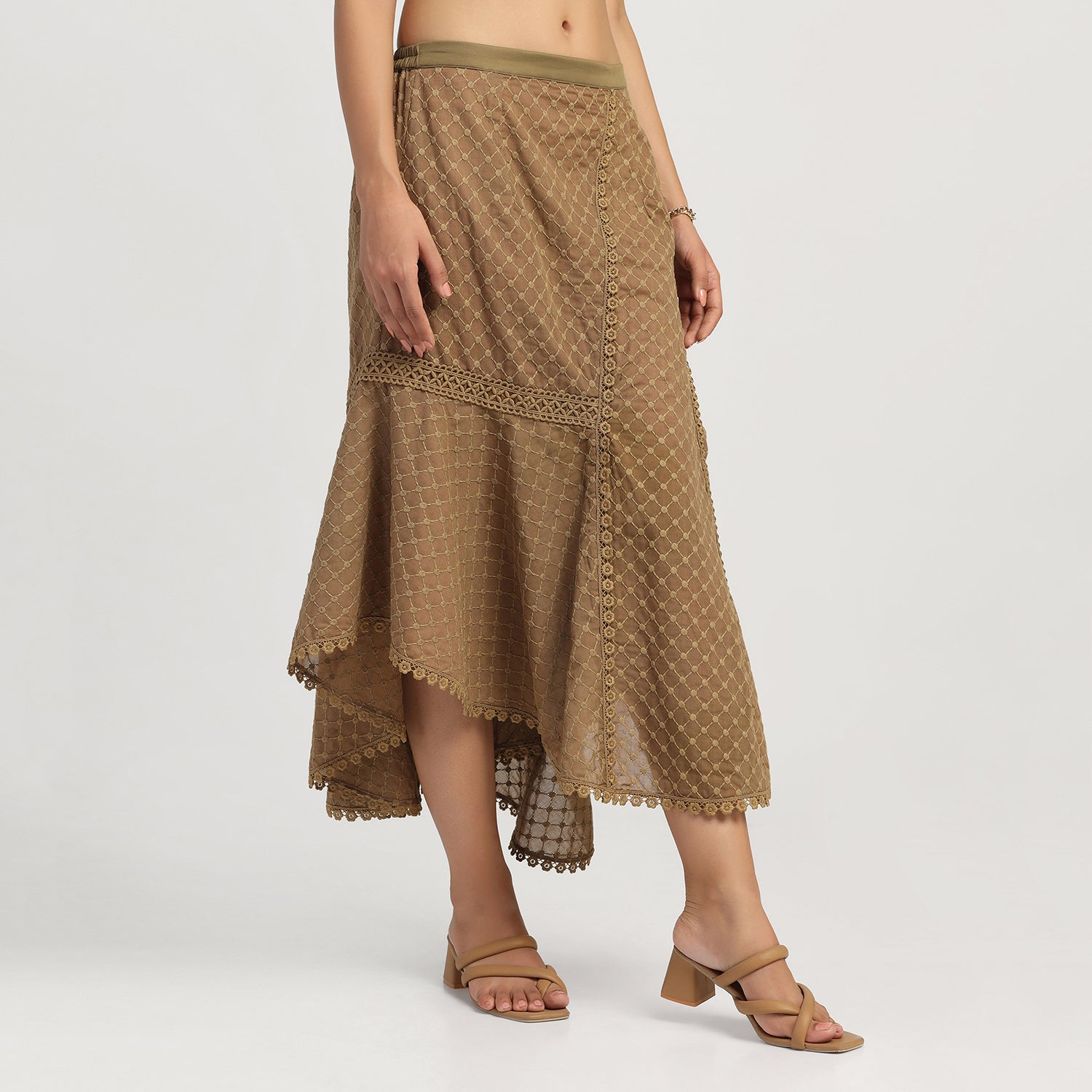 Dark Green  Schiffli Asymmetrical Lace Skirt, skirts for women, long skirts for women, crop top and skirt, women in short skirts