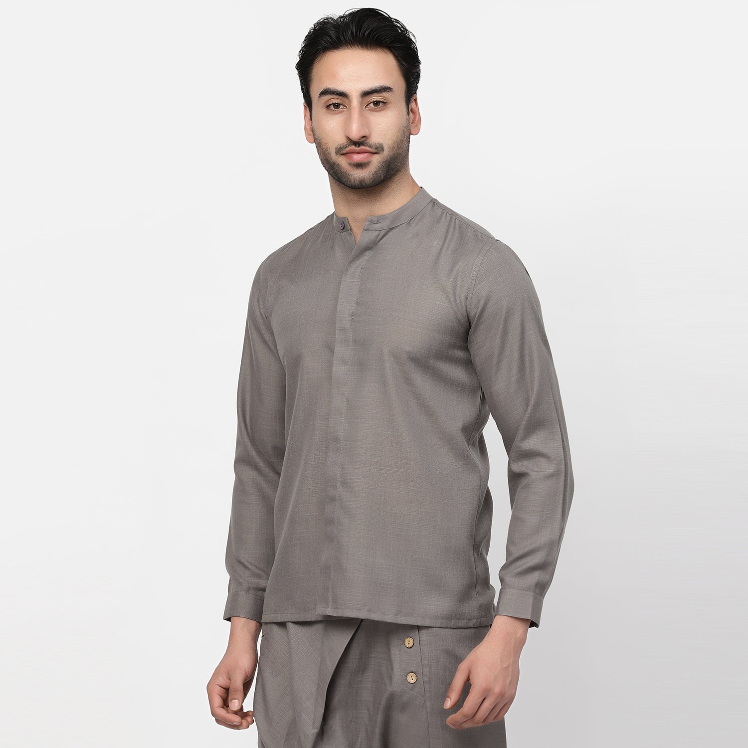 Dark Grey Linen Shirt With Mandarin Collar, shirts for men, men shirts, designer shirts, stylish shirts, shirt design