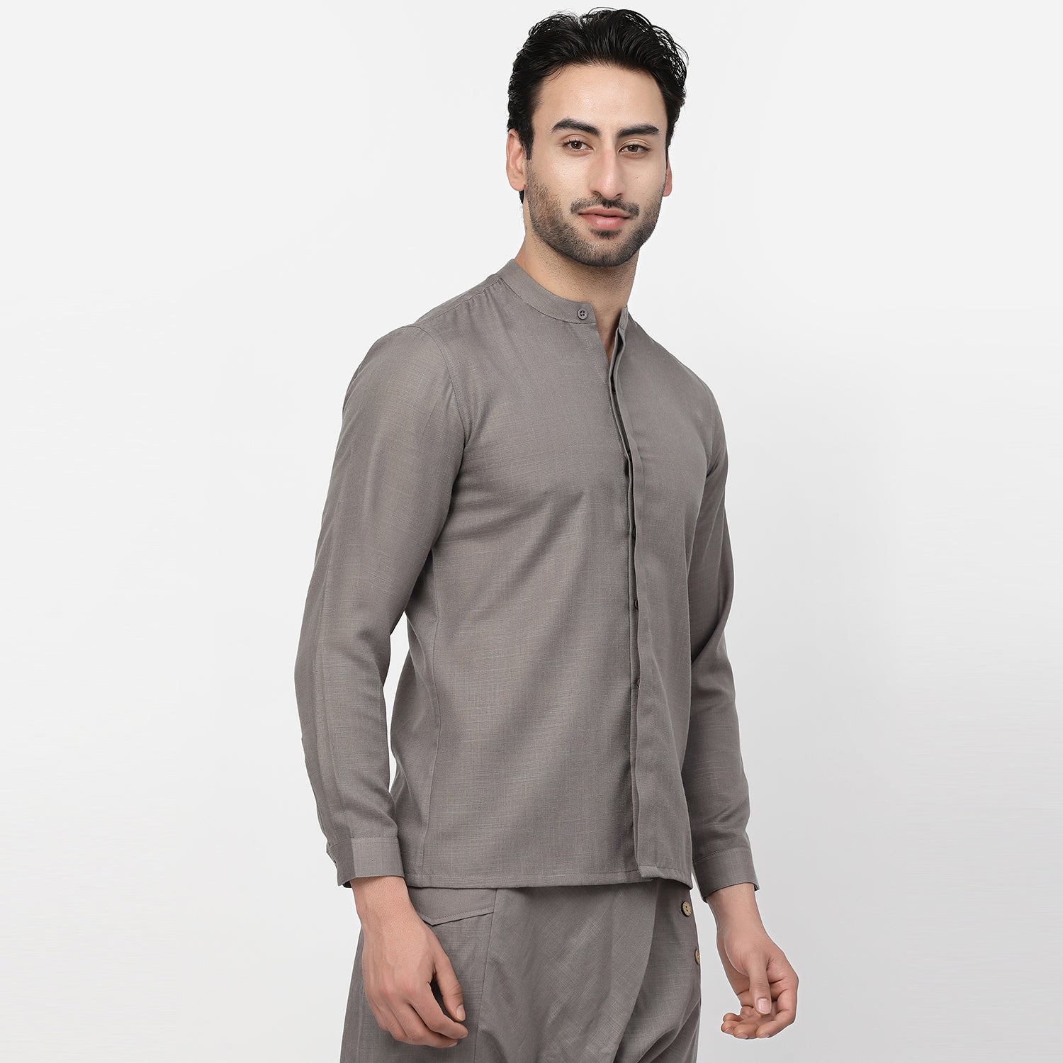 Dark Grey Linen Shirt With Mandarin Collar, shirts for men, men shirts, designer shirts, stylish shirts, shirt design