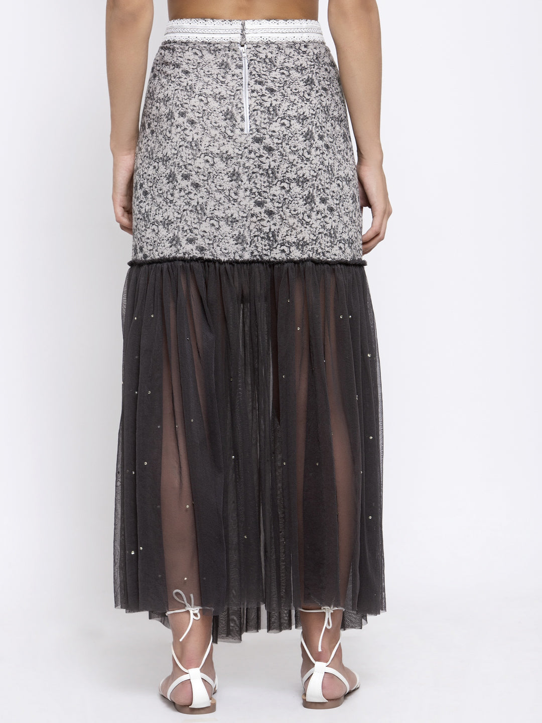 Dark Grey Printed And Net Skirt, skirts for women, long skirts for women, crop top and skirt, women in short skirts