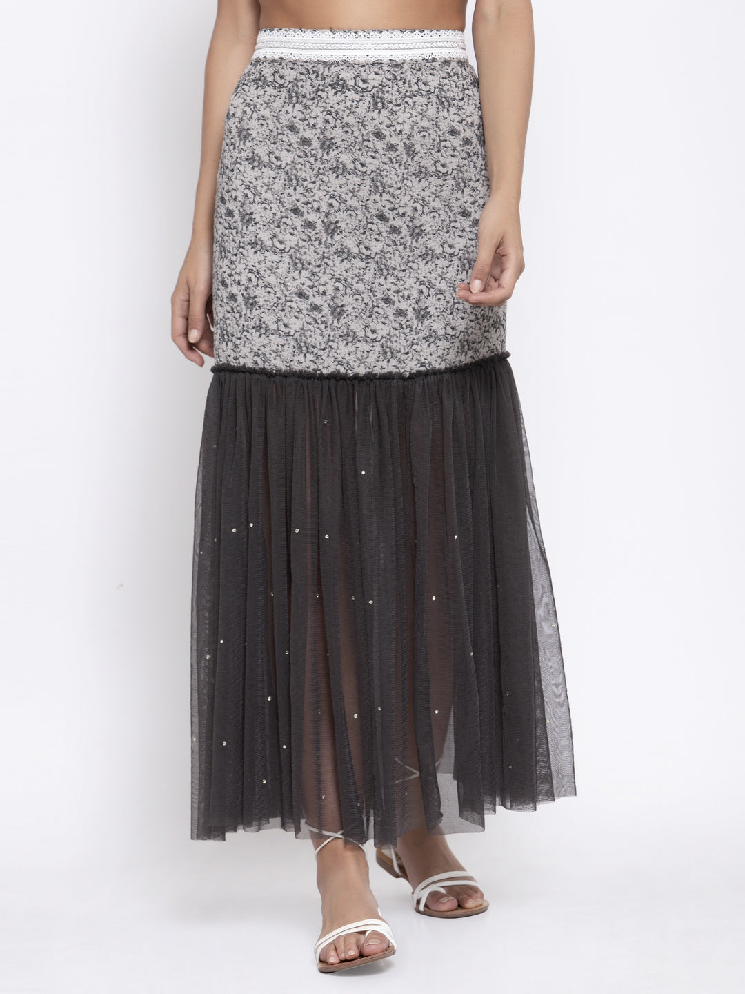 Dark Grey Printed And Net Skirt, skirts for women, long skirts for women, crop top and skirt, women in short skirts