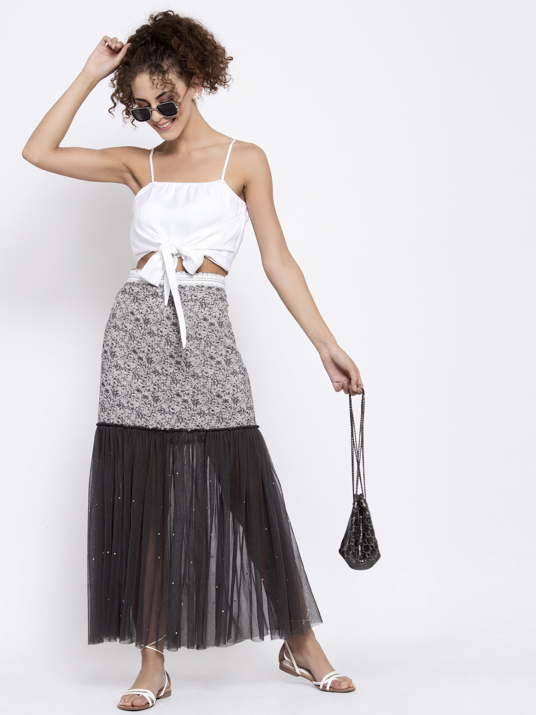 Dark Grey Printed And Net Skirt, skirts for women, long skirts for women, crop top and skirt, women in short skirts