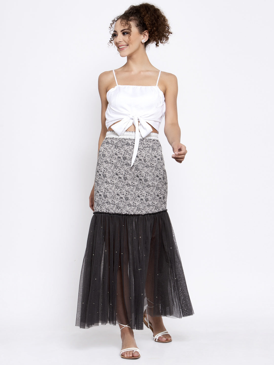 Dark Grey Printed And Net Skirt, skirts for women, long skirts for women, crop top and skirt, women in short skirts