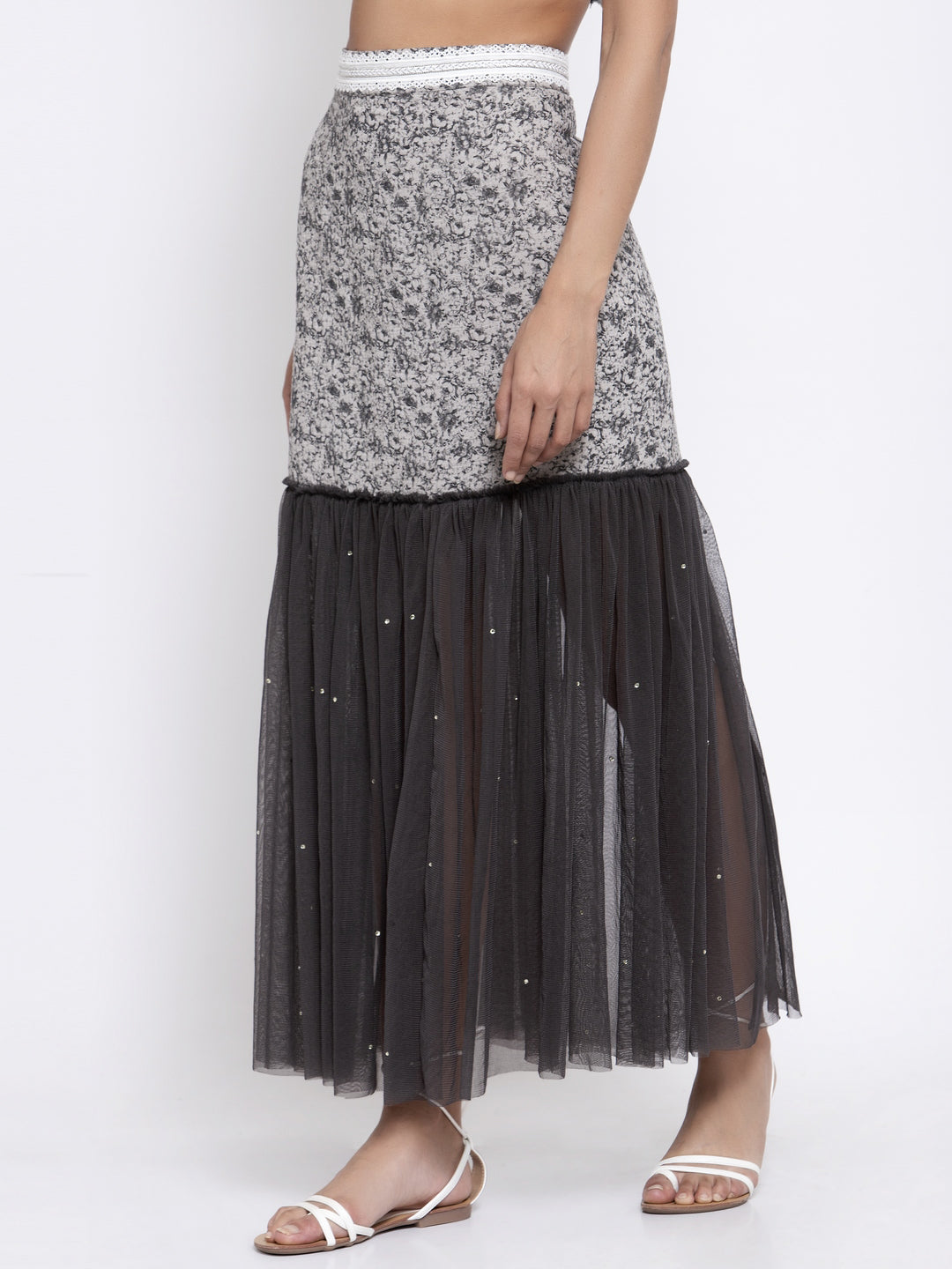 Dark Grey Printed And Net Skirt, skirts for women, long skirts for women, crop top and skirt, women in short skirts