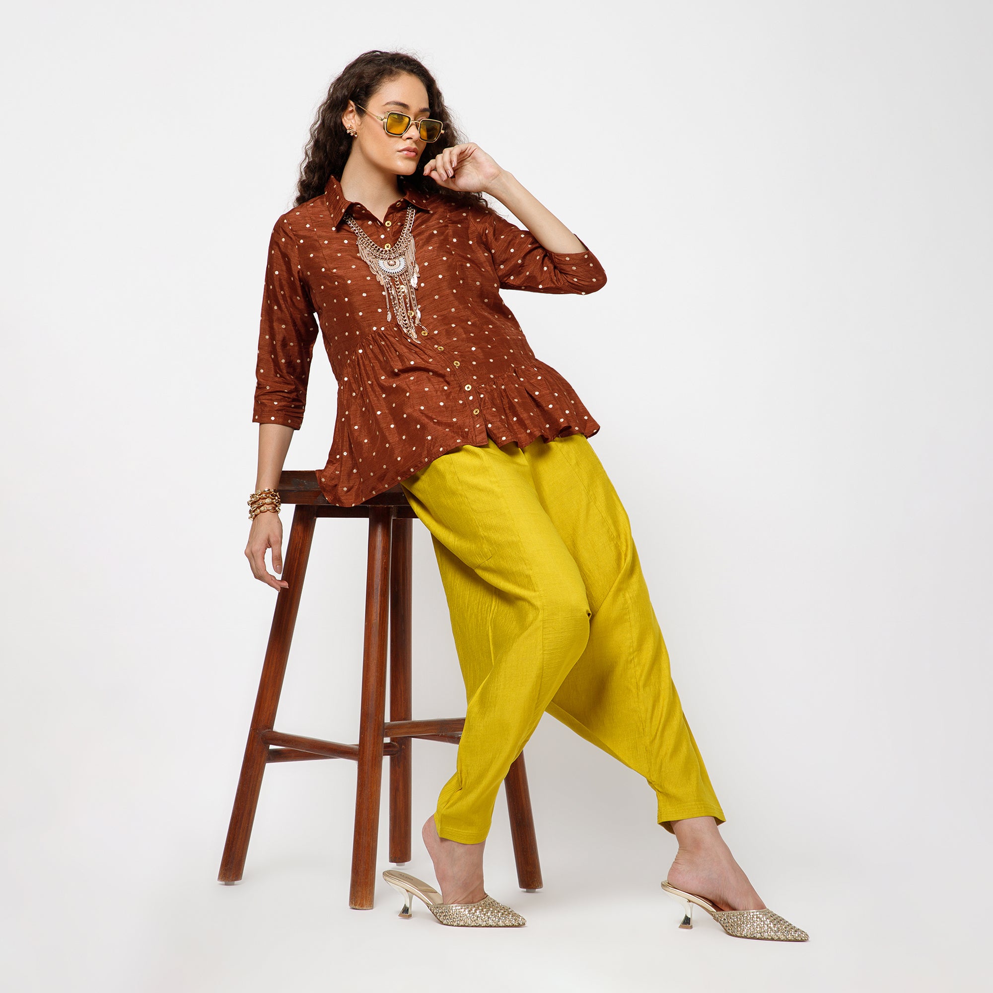 Brown Brocade Asymmetrical Peplum Top