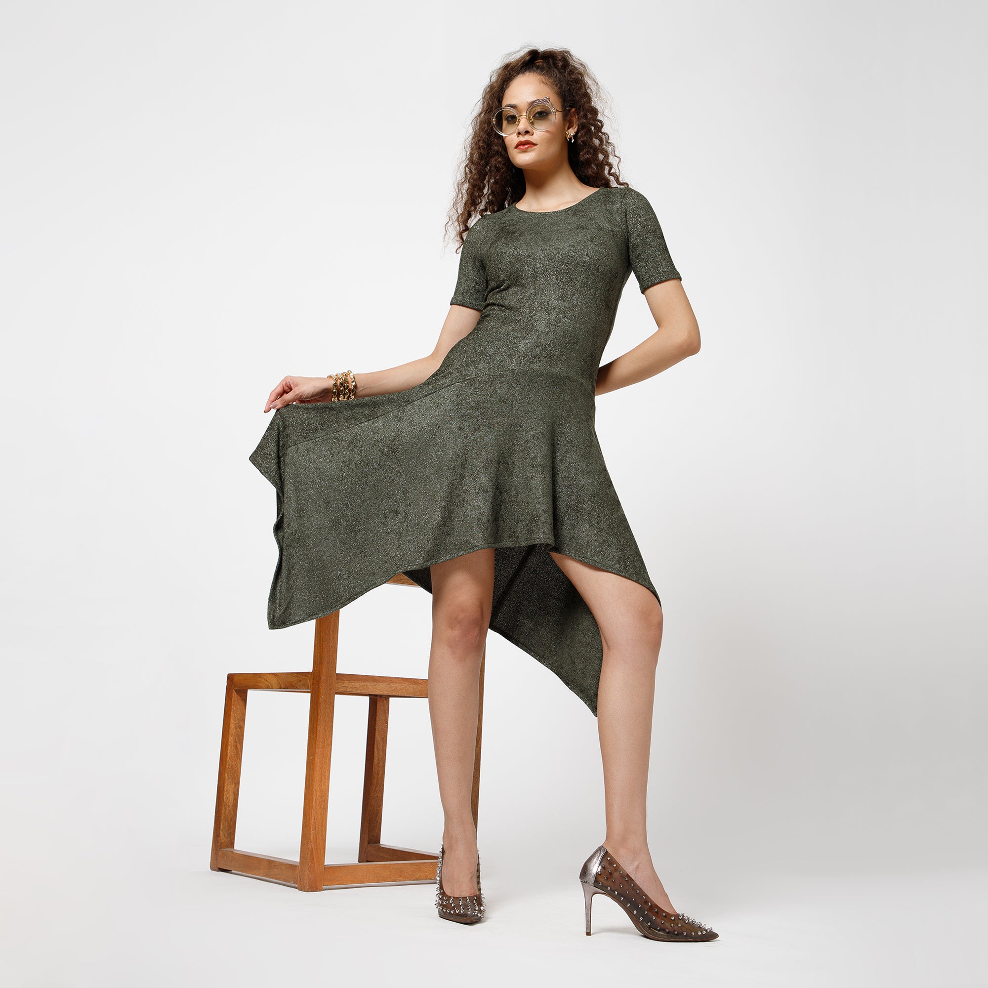 Green Asymmetrical Velvet  Dress