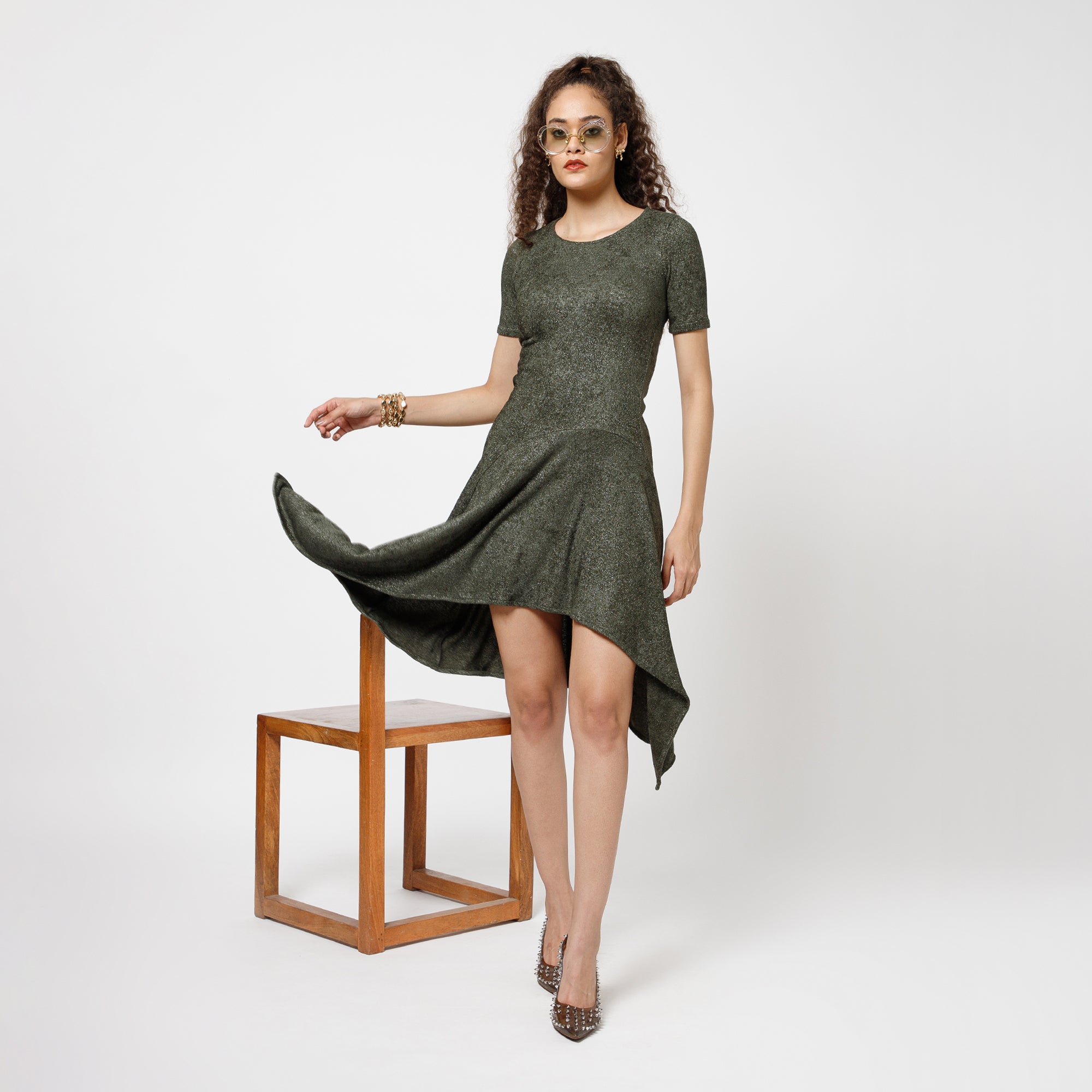 Green Asymmetrical Velvet  Dress