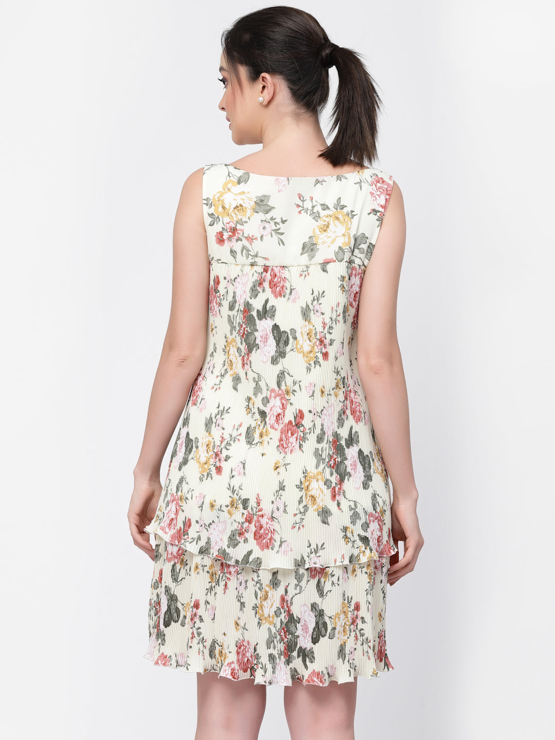 Women Floral Pleated Double Layer Dress-3