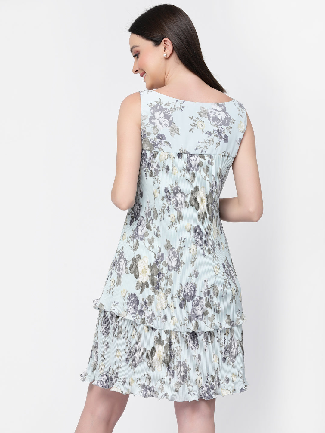 Double Layer Floral Pleated Dress for Ladies-5